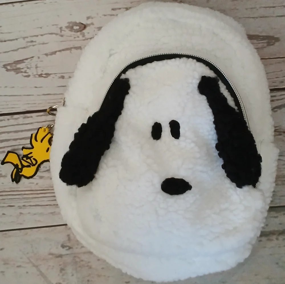 Snoopy X Justice fuzzy Snoopy dog mini backpack white and black